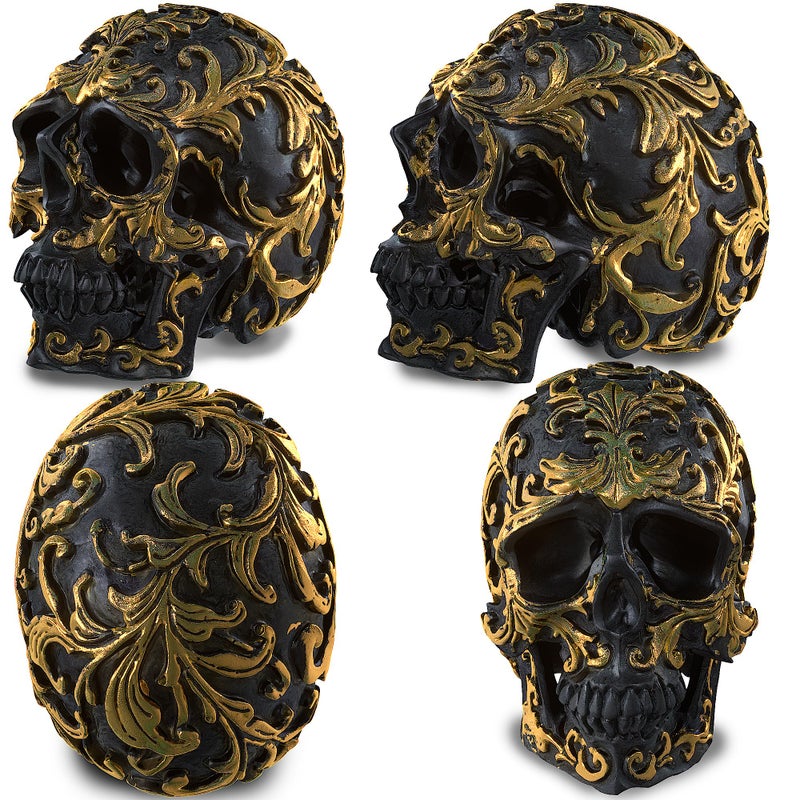READAEER Small Size Human Skull Resin Statue Head Sculptures Skull Collectible Figurines (Black & Golden) - Image 4